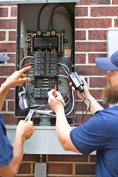 Two men electricians working on a residential breaker box.  They use tools to assess the repair and wear matching blue uniforms.  The multi-ethnic group is discussing next steps in the job repair.  Electric meter to side.